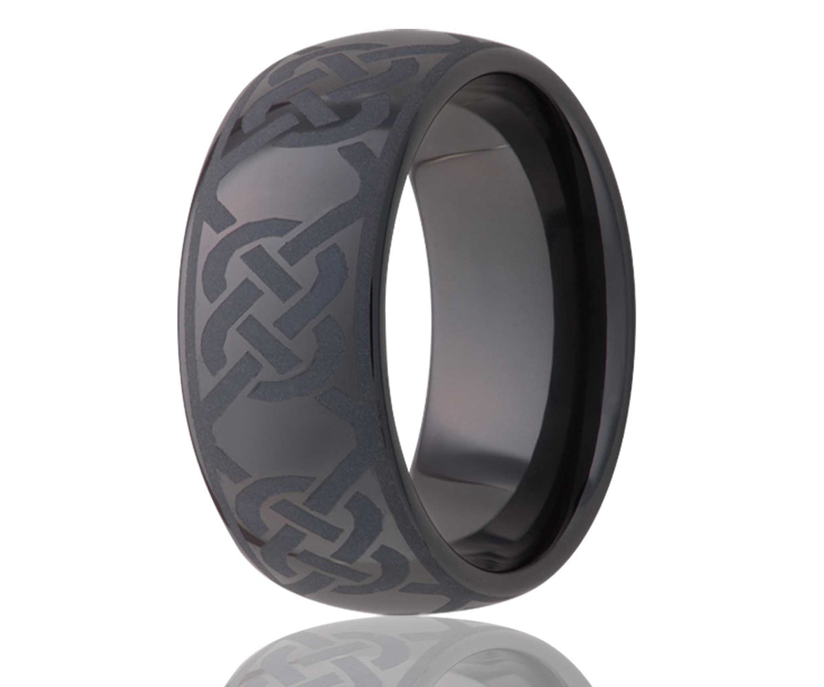 Black Ceramic Engraved Double Link Domed Ring