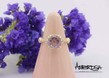 Anillo de oro rosa con diamantes y amatista rosa Starburst
