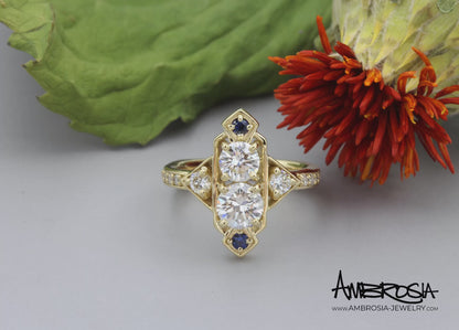 Custom Art Deco Diamond Sapphire Wedding Ring