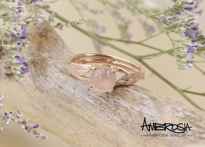 Rose Quartz Leaf Rose Gold Dainty Floral Ring