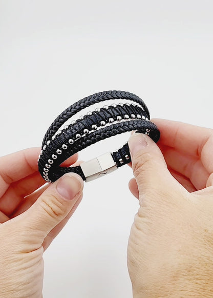 Studded Weave Black Leather Bracelet