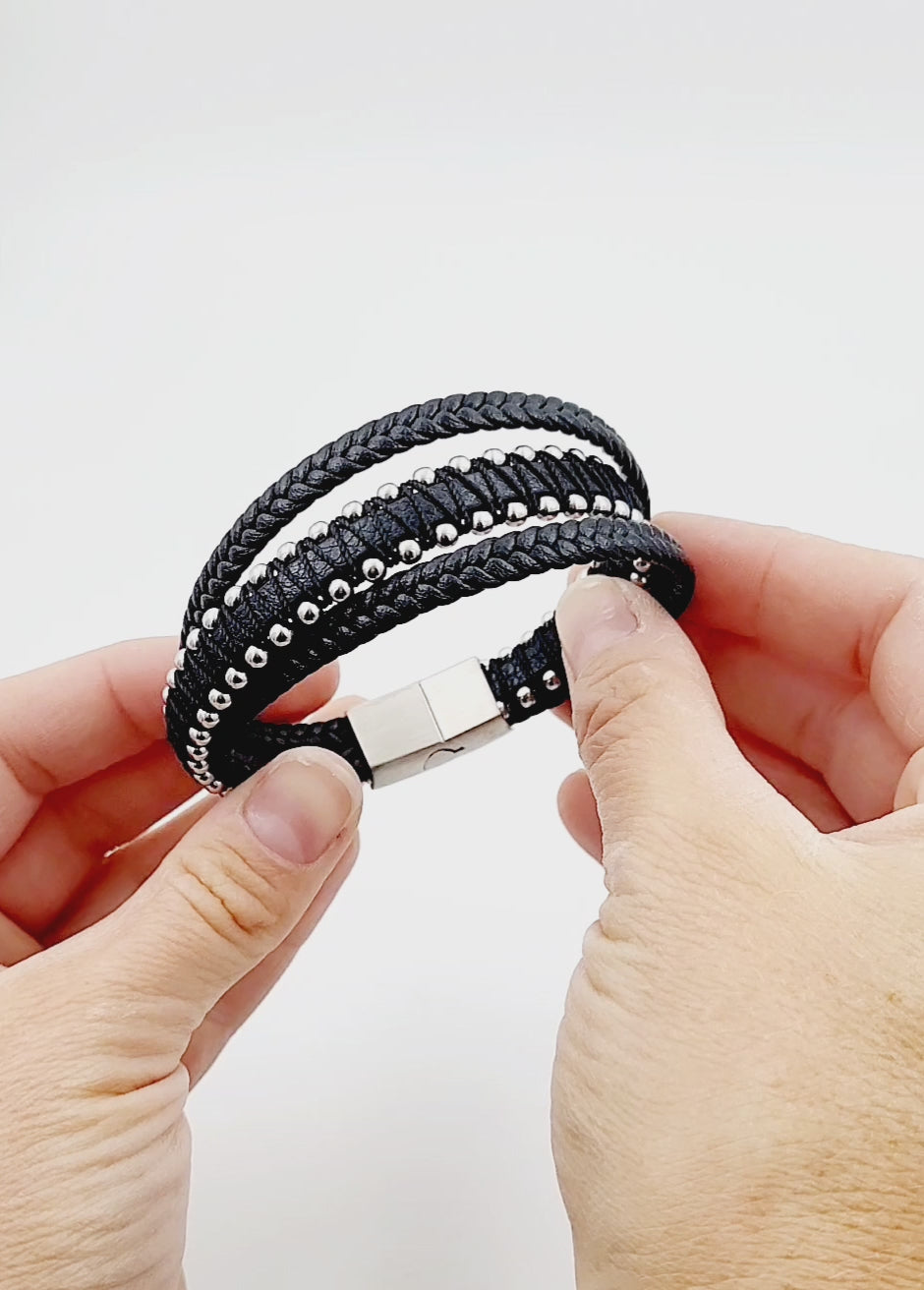 Studded Weave Black Leather Bracelet