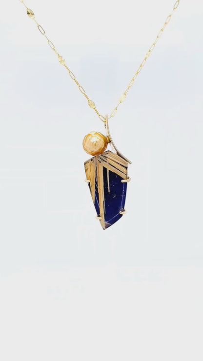 Curved Pearl Rutilated Quartz Lapis Necklace