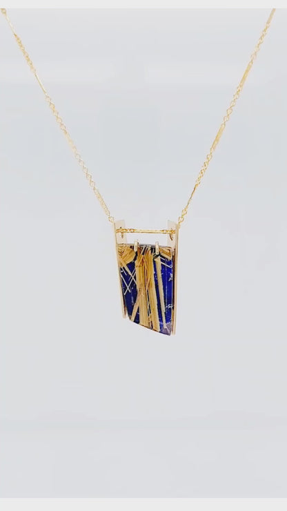 Double Bar Rutilated Quartz Lapis Gold Necklace