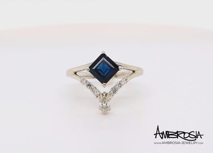 Deep Blue Sapphire V-shaped Diamond Double Ring