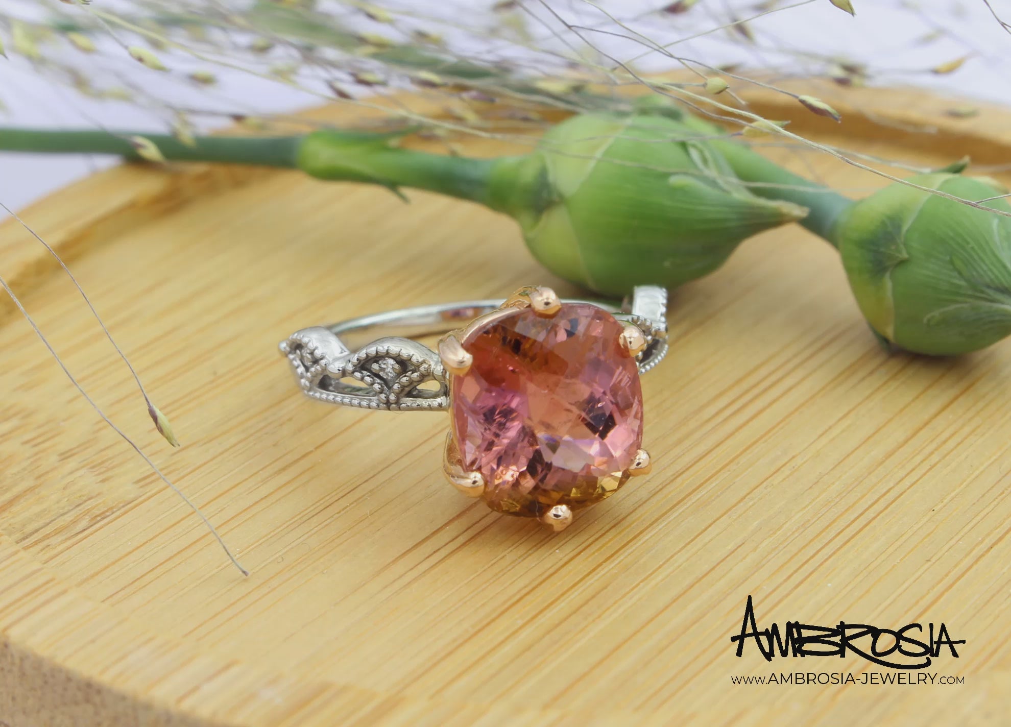 Peach Cushion Tourmaline Dainty Crown Ring