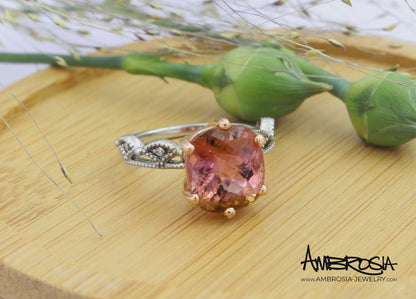 Peach Cushion Tourmaline Dainty Crown Ring