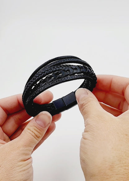 Layered Braided Black Leather Bracelet
