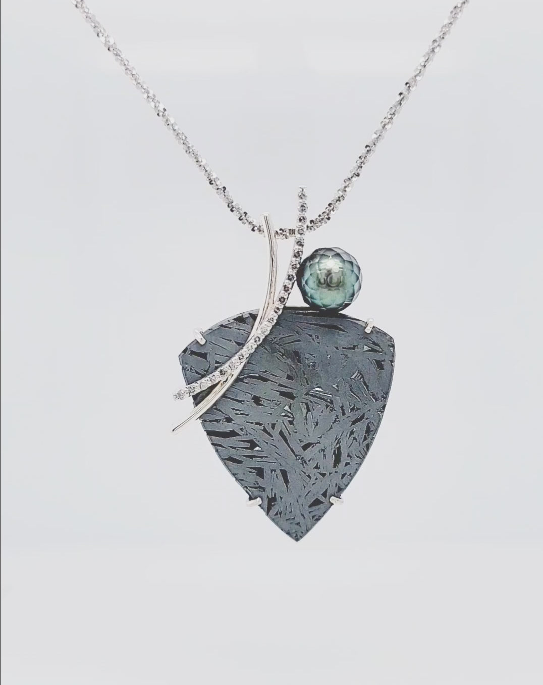 Double Curve Meteorite Pearl Diamond Necklace
