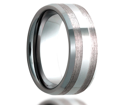 Anillo de tungsteno con borde biselado doble y centro satánico para hombre
