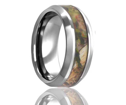 Men's Tungsten Woodland Camouflage Beveled Edge Inlay Wedding Ring