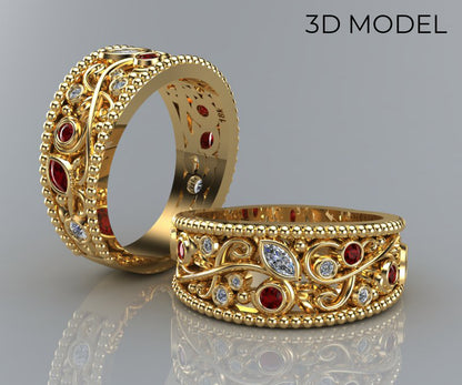 Vintage Swirl Diamond and Ruby Ring