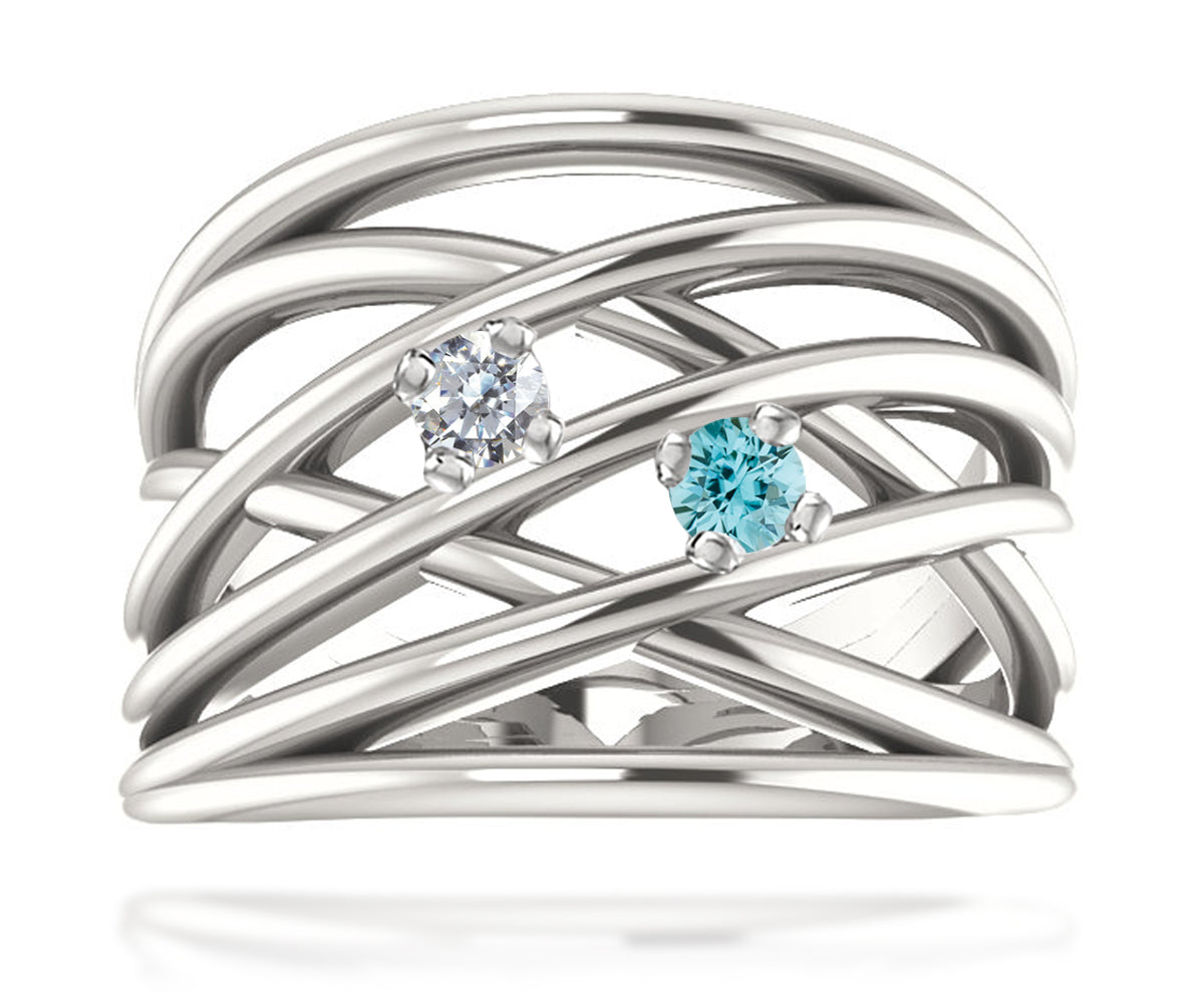 Wide MultiRow Contemporary Mothers Birthstone Family Silver Ring