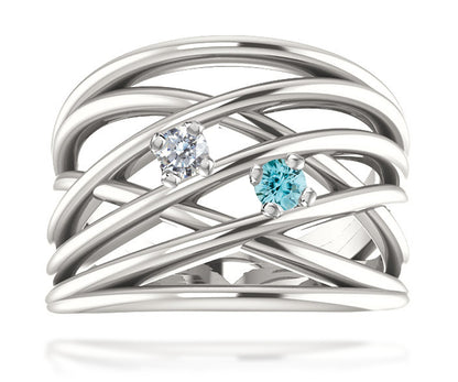 Wide MultiRow Contemporary Mothers Birthstone Family Silver Ring