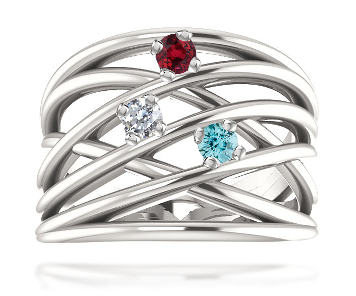 Wide MultiRow Contemporary Mothers Birthstone Family Silver Ring