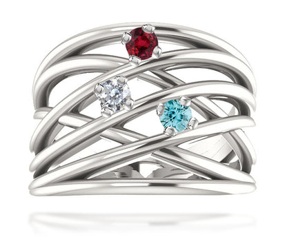 Wide MultiRow Contemporary Mothers Birthstone Family Silver Ring