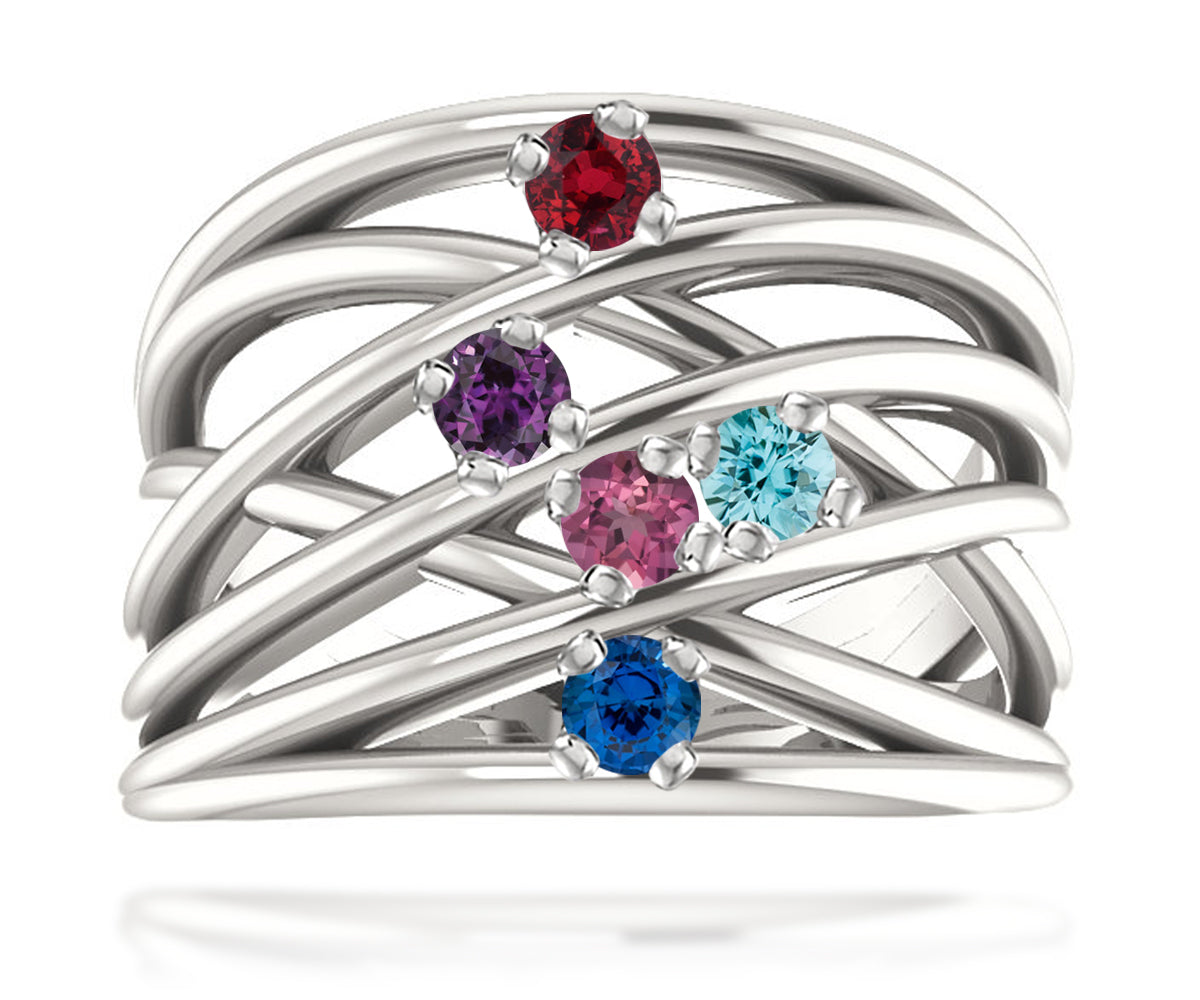 Wide MultiRow Contemporary Mothers Birthstone Family Silver Ring
