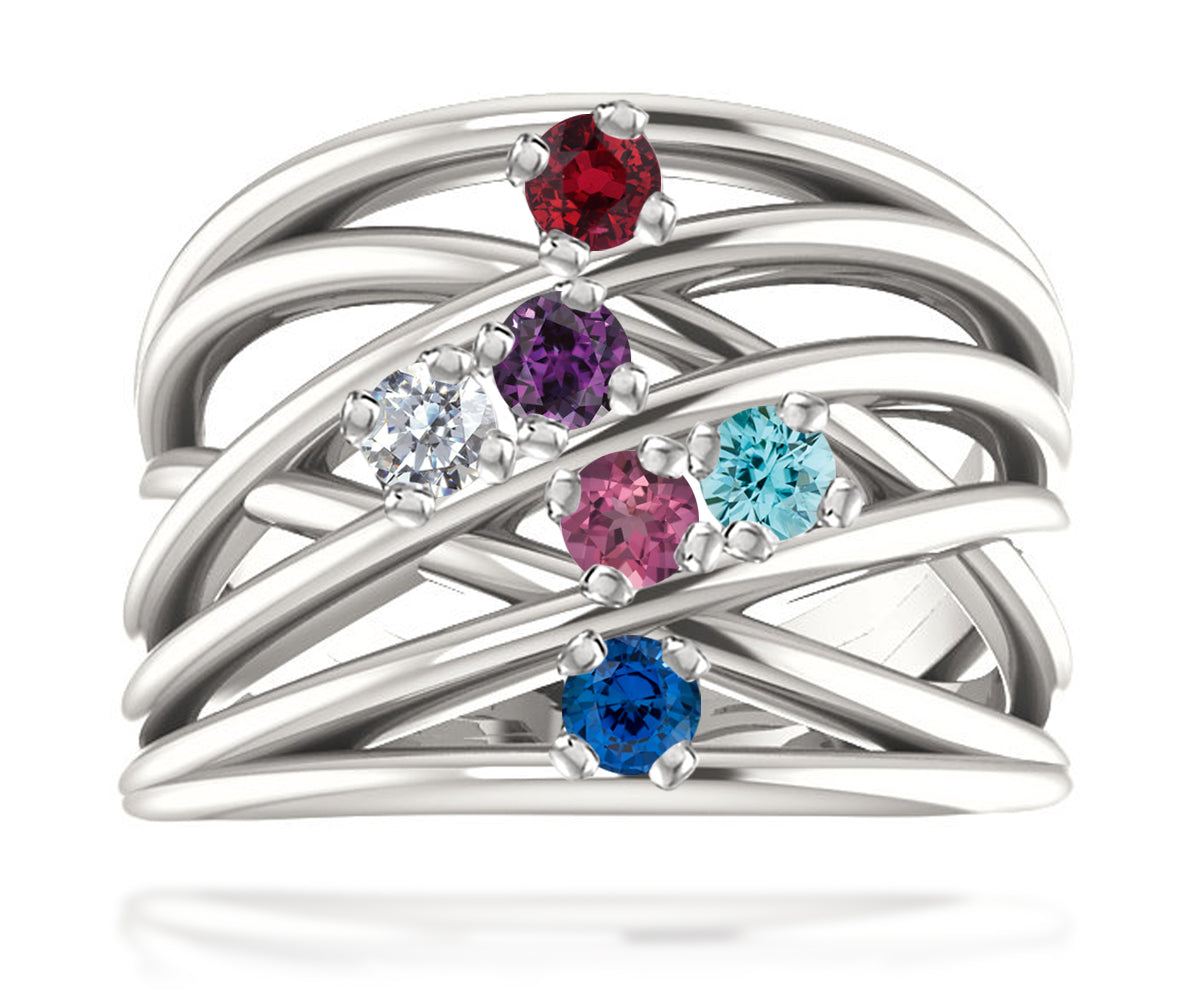 Wide MultiRow Contemporary Mothers Birthstone Family Silver Ring