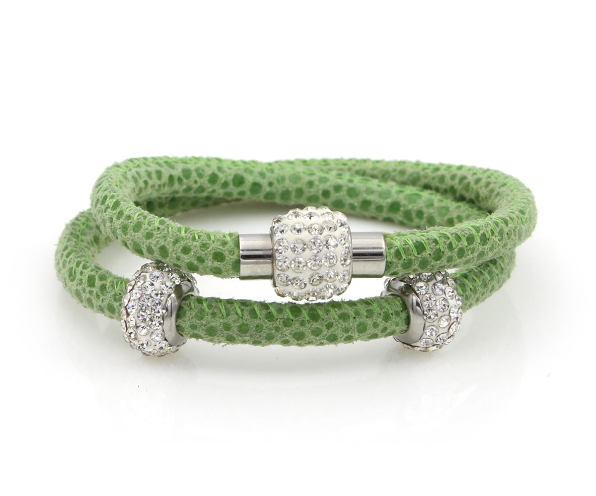 Double Wrap Swarovski Crystals Lime Leather Bracelet