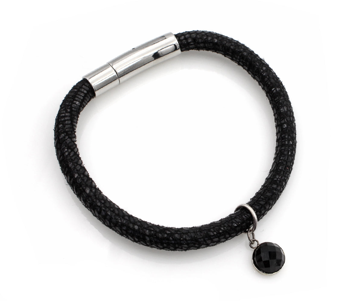Black Onyx Gem Charm Leather Bracelet