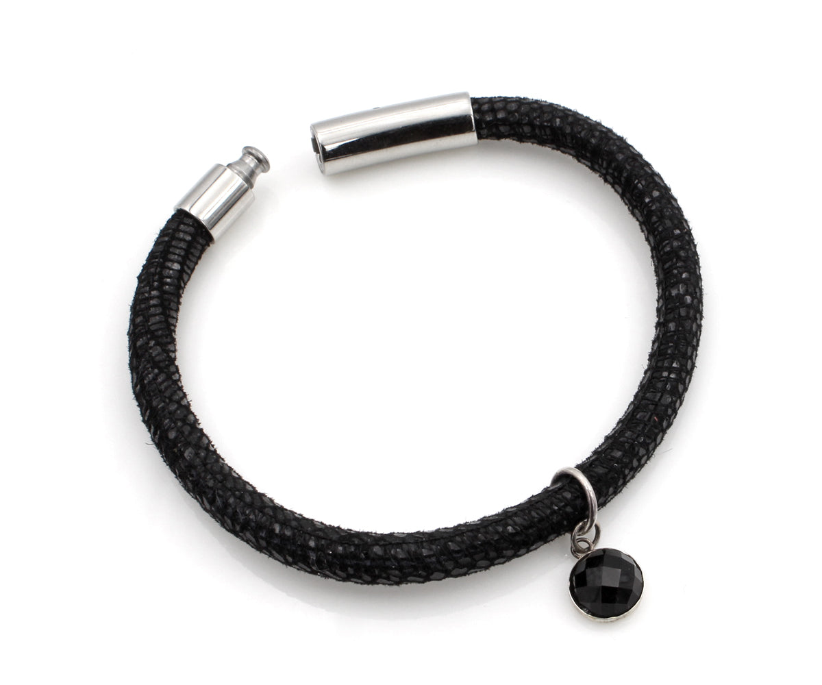 Black Onyx Gem Charm Leather Bracelet
