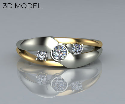 Anillo de bodas moderno con diamantes en dos tonos y diseño Bypass