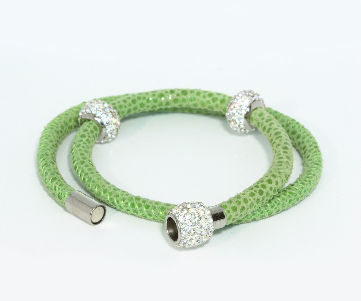 Double Wrap Swarovski Crystals Lime Leather Bracelet