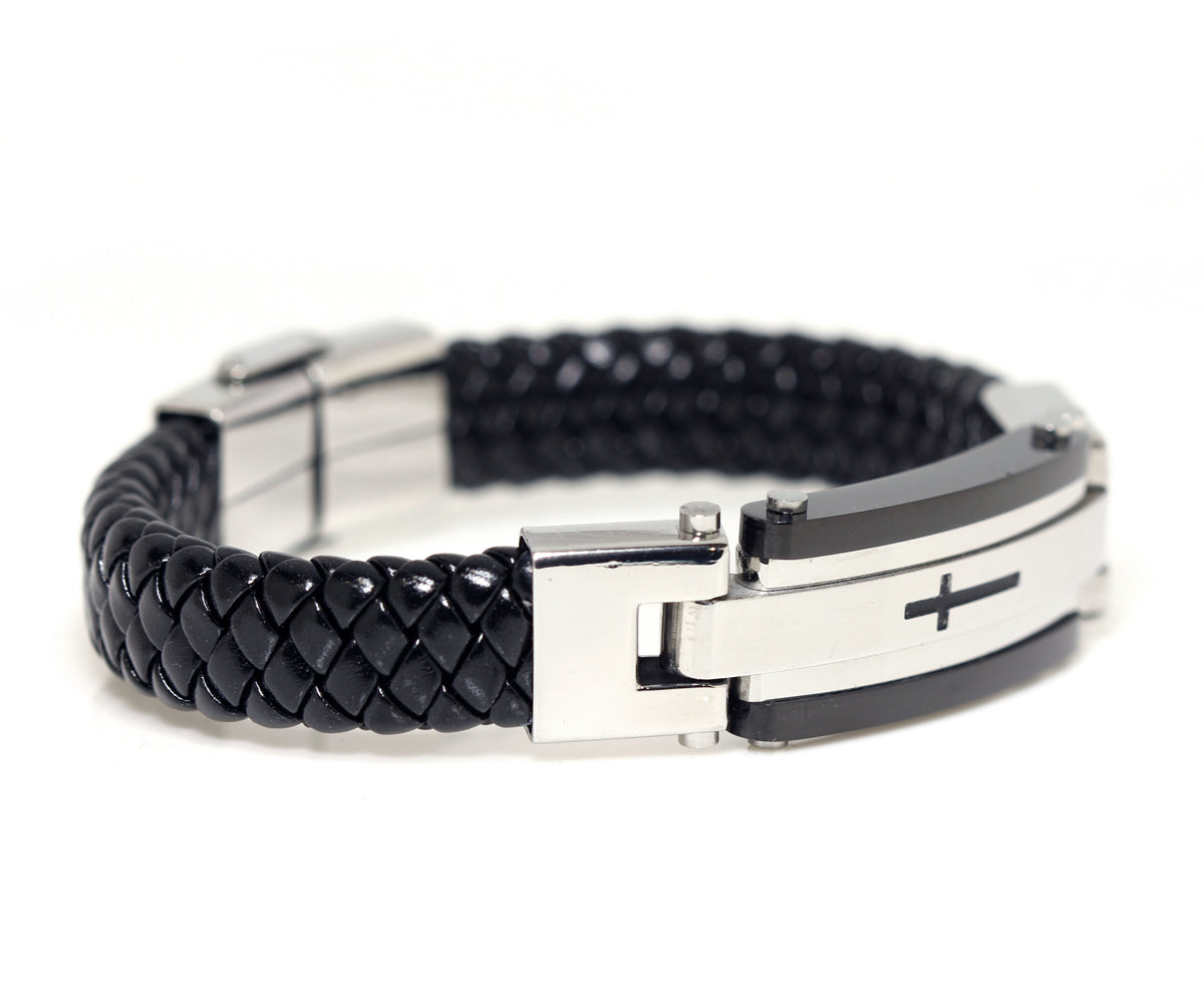 Stainless Steel Cross Black Leather Bracelet