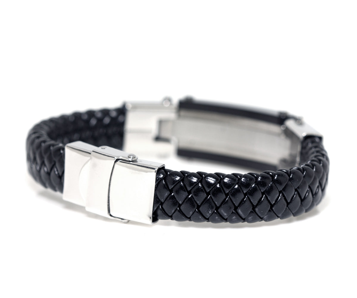 Stainless Steel Cross Black Leather Bracelet