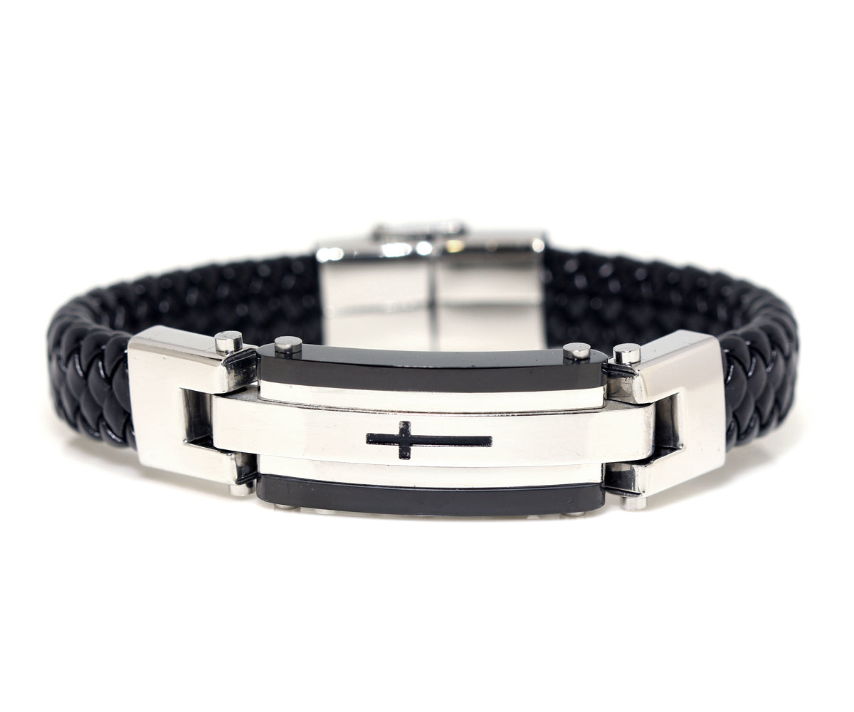 Stainless Steel Cross Black Leather Bracelet