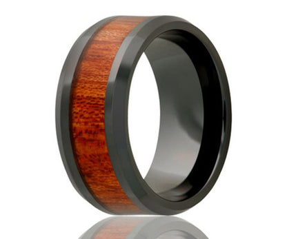Black Ceramic Inlay Blood Wood Beveled Edge Ring