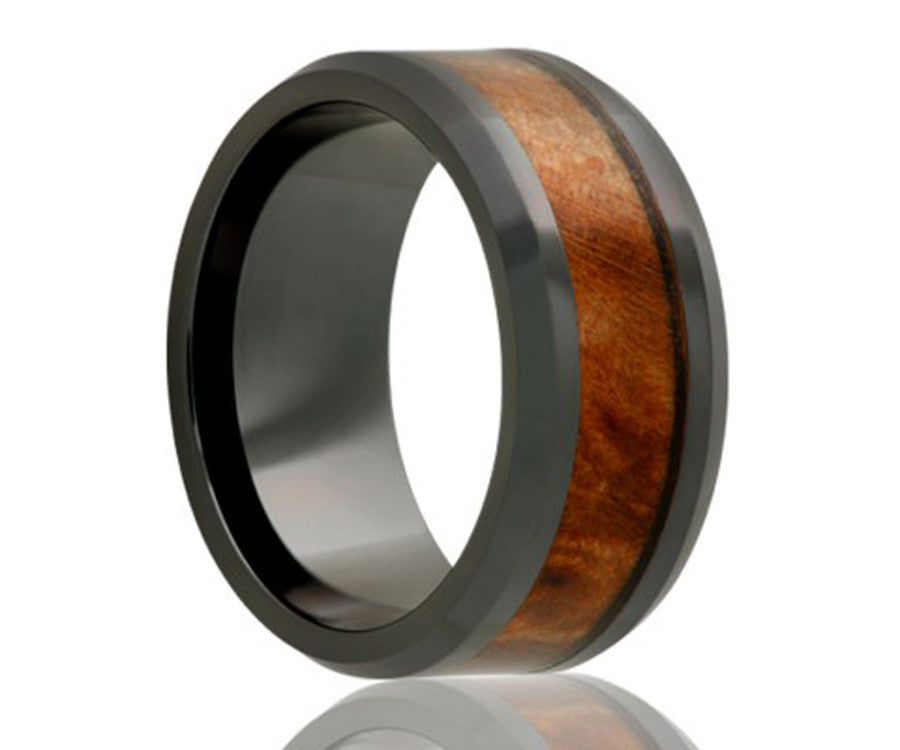 Black Ceramic Burl Wood Inlay Ring