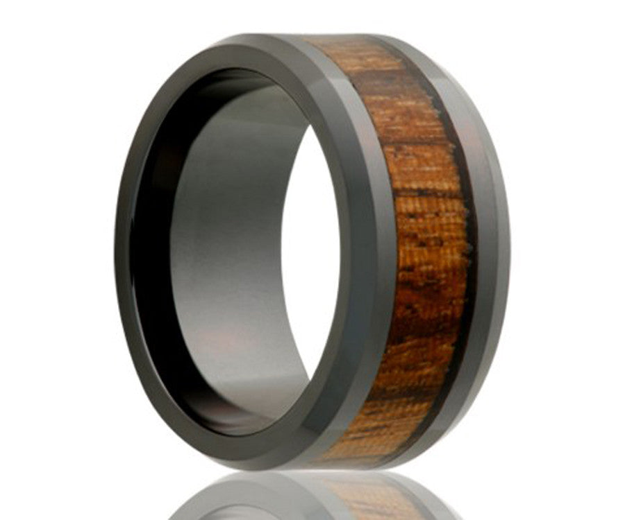 Black Ceramic Zebra Wood Inlay Ring