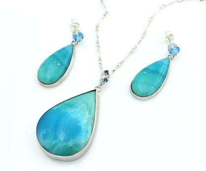 Beach Opal Petrified Wood Teardrop necklace and matching earrings