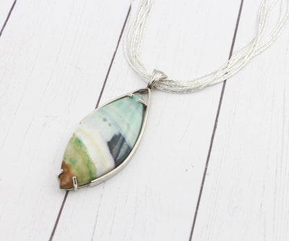 Beach Opal Petrified Wood Large Marquise Necklace