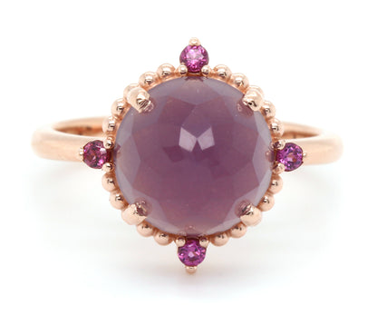 Beaded Halo Sage Chalcedony Garnet Rose Gold Ring