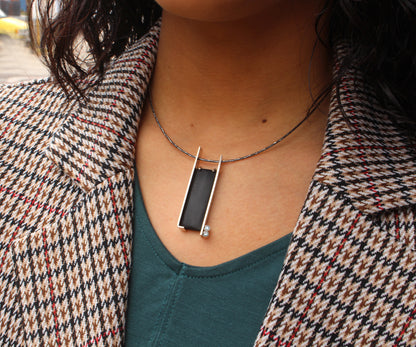 Modern Rectangular Bar Volcanic Obsidian Necklace