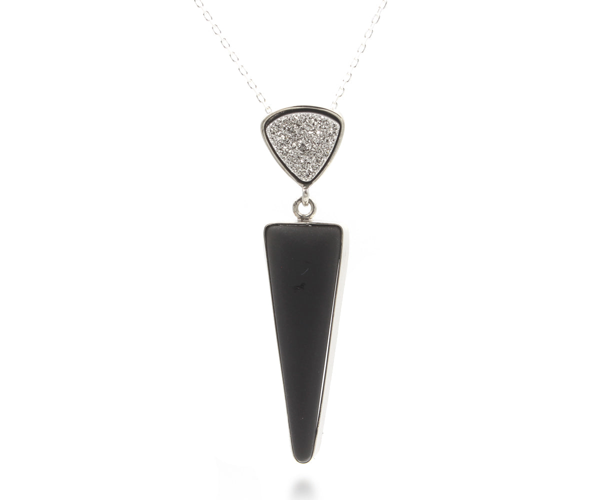 Double Triangle Volcanic Obsidian Druzy Necklace