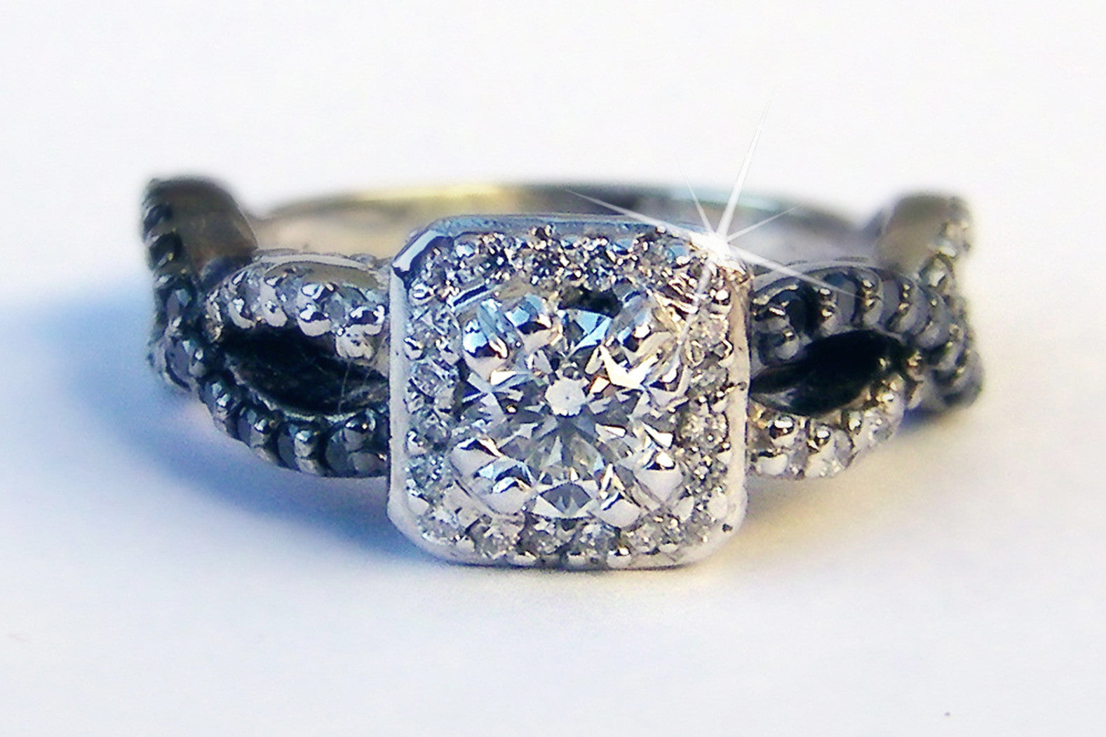 custom round square halo black and white diamond wedding ring