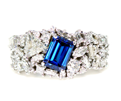 Custom designed blue tourmaline emerald-cut cluster diamond cocktail white gold ring