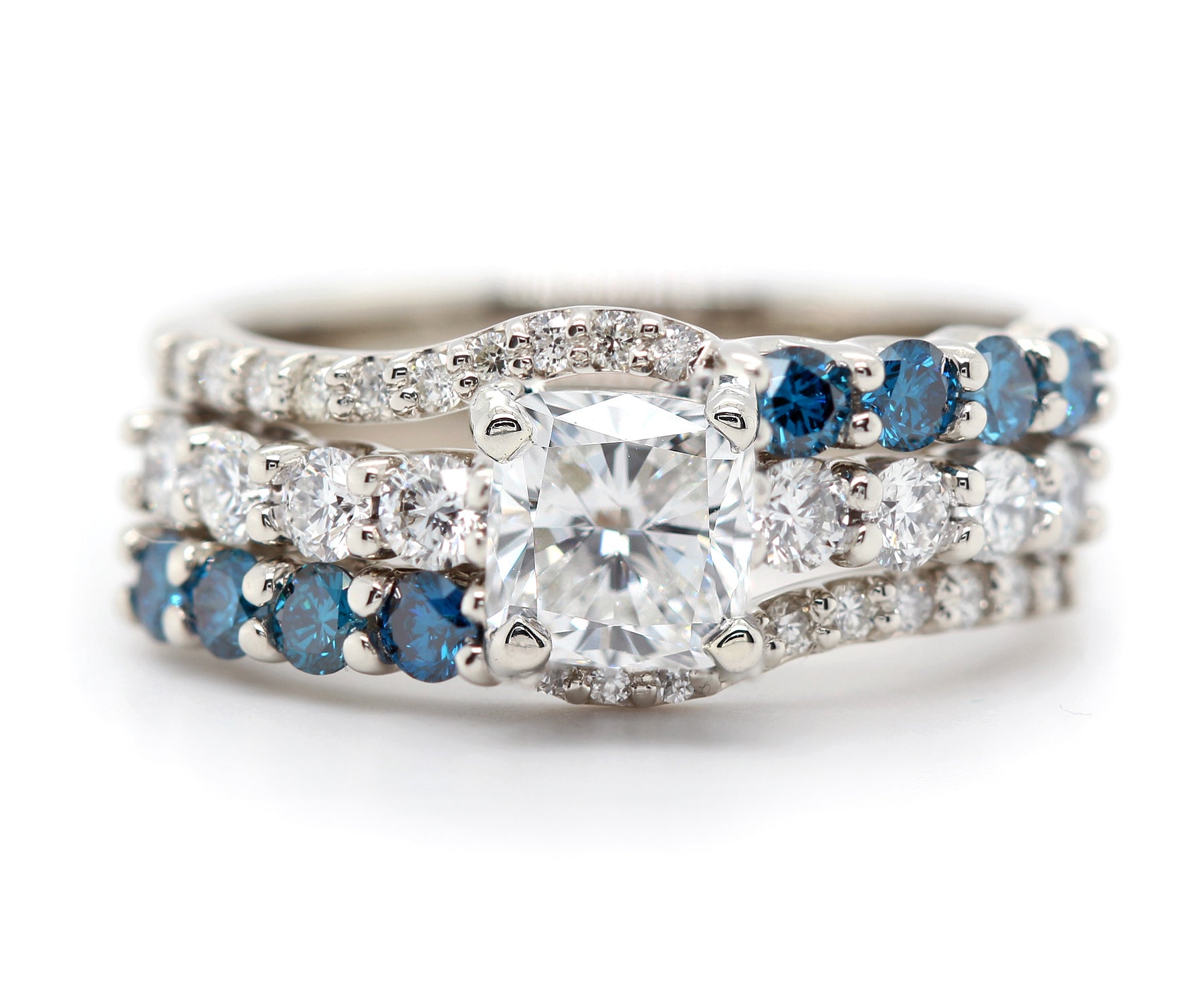 Classic Cushion Diamond and Blue Accent Wedding Ring