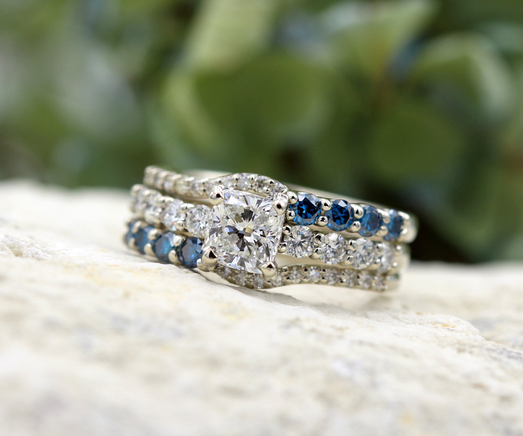 Classic Cushion Diamond and Blue Accent Wedding Ring