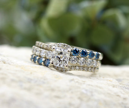 Classic Cushion Diamond and Blue Accent Wedding Ring