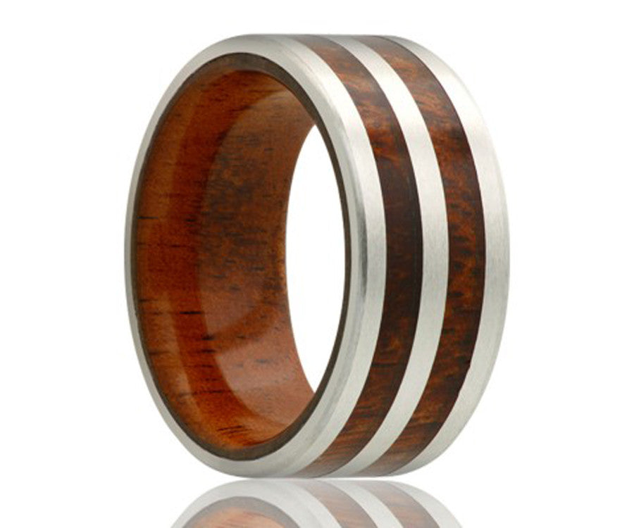 Cobalt double row koa wood inlay ring