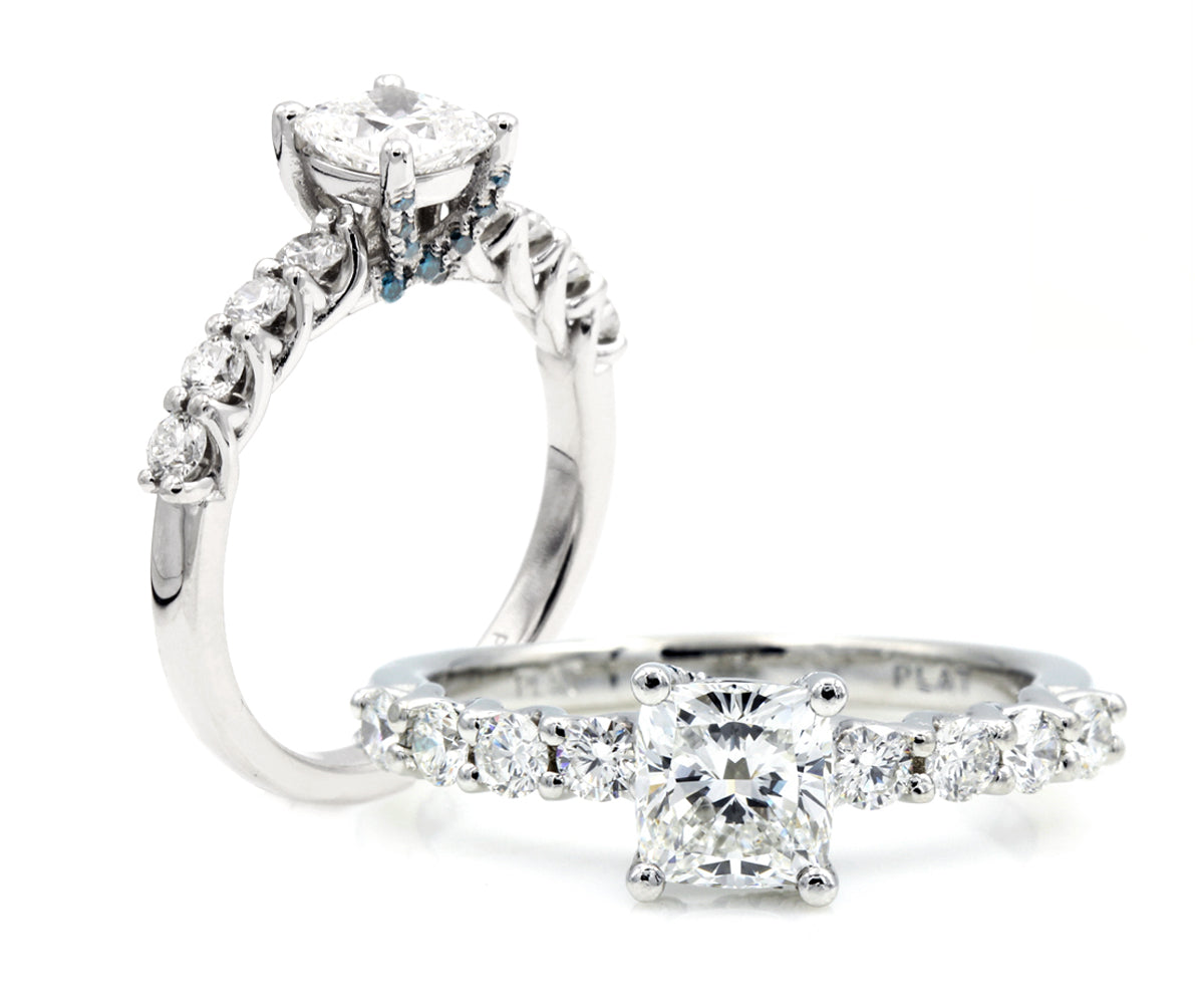 Classic Cushion Diamond and Blue Accent Wedding Ring