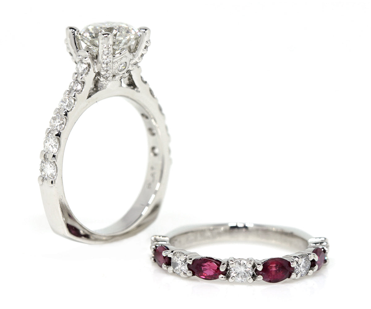 Cathedral Diamond and Ruby Platinum Wedding Ring Set