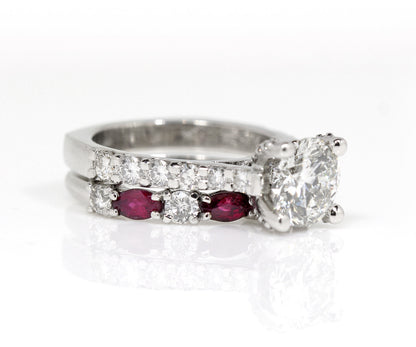 Cathedral Diamond and Ruby Platinum Wedding Ring Set