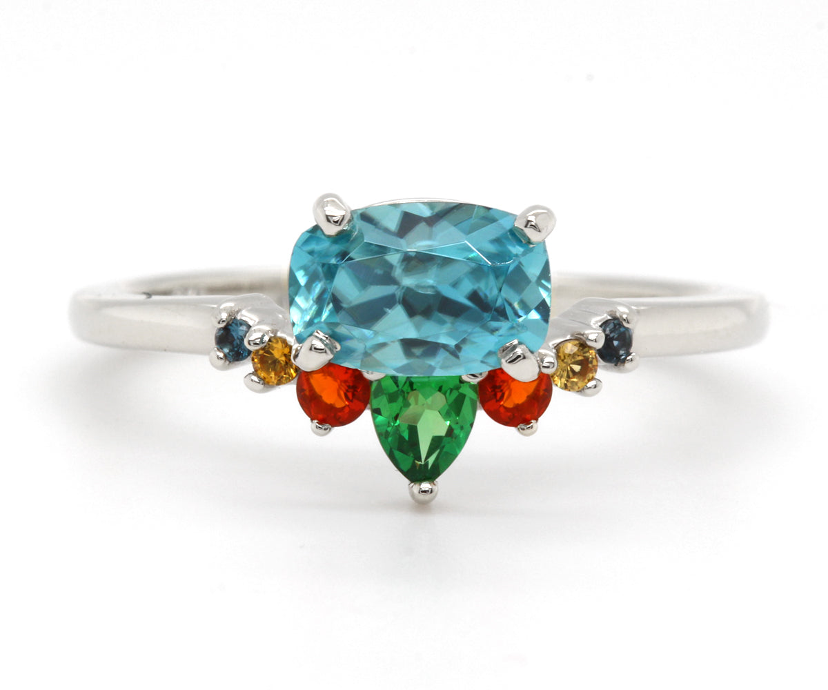 Fiesta Zircon, Tsavorite Garnet, Sapphire, Mexican Opal Ring
