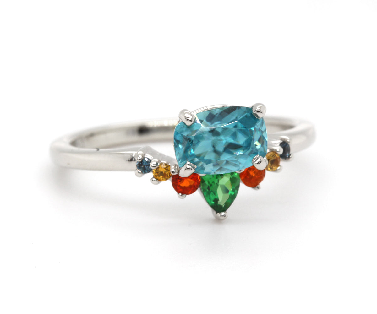 Fiesta Zircon, Tsavorite Garnet, Sapphire, Mexican Opal Ring