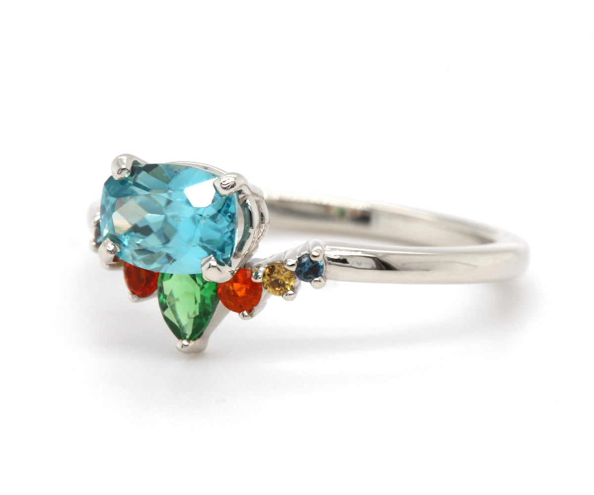 Fiesta Zircon, Tsavorite Garnet, Sapphire, Mexican Opal Ring